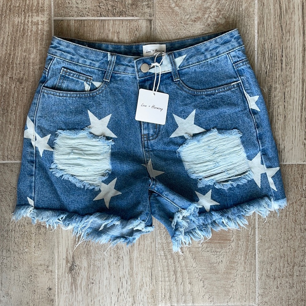 Star print denim shorts